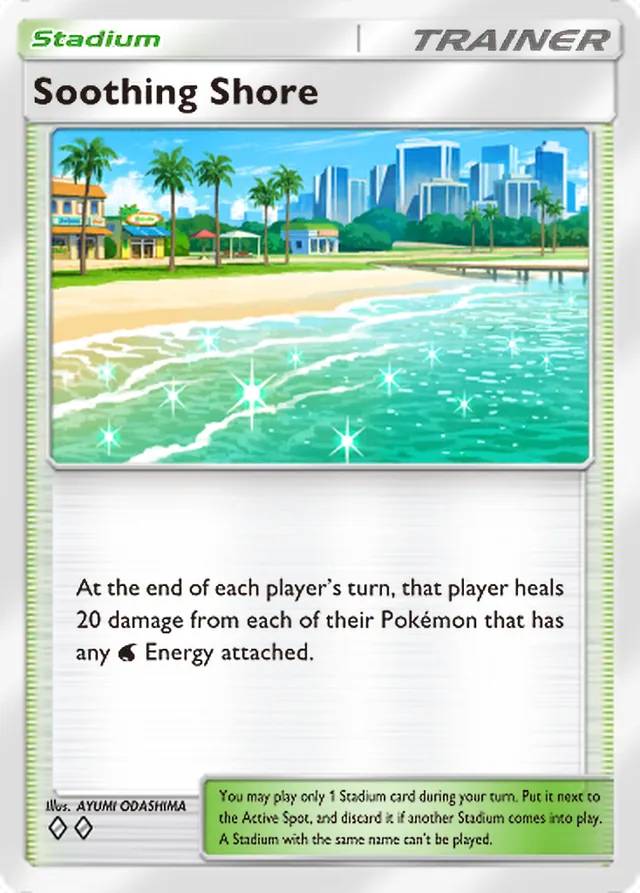 Soothing Shore, Ruler of the Skies #154, Trainer card, illustrated by AYUMI ODASHIMA