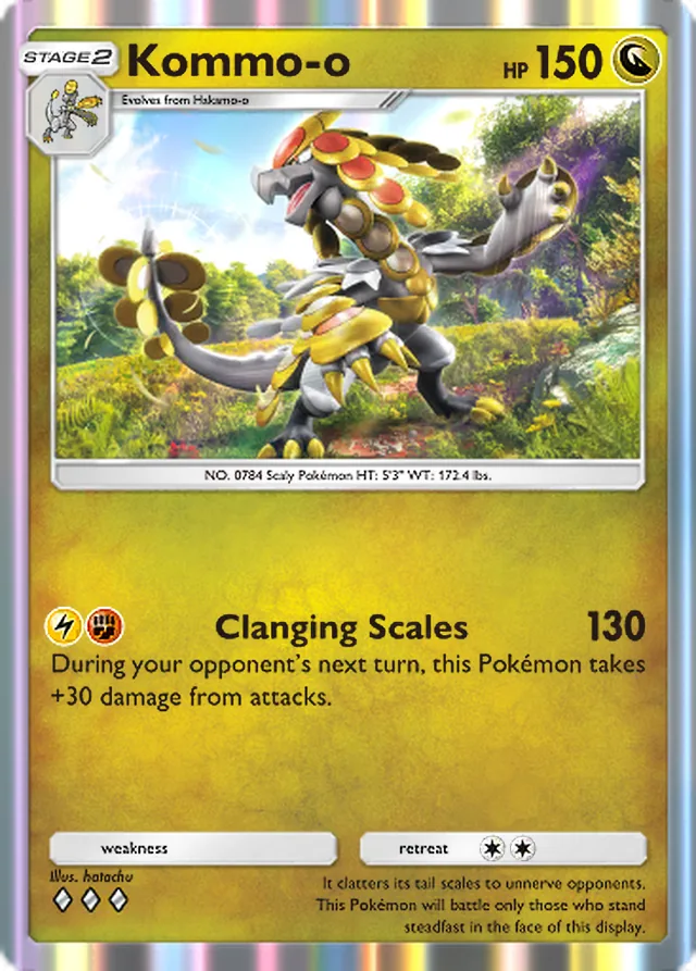 Kommo-o, Celestial Guardians #127, Stage 2 Dragon Pokémon, illustrated by hatachu