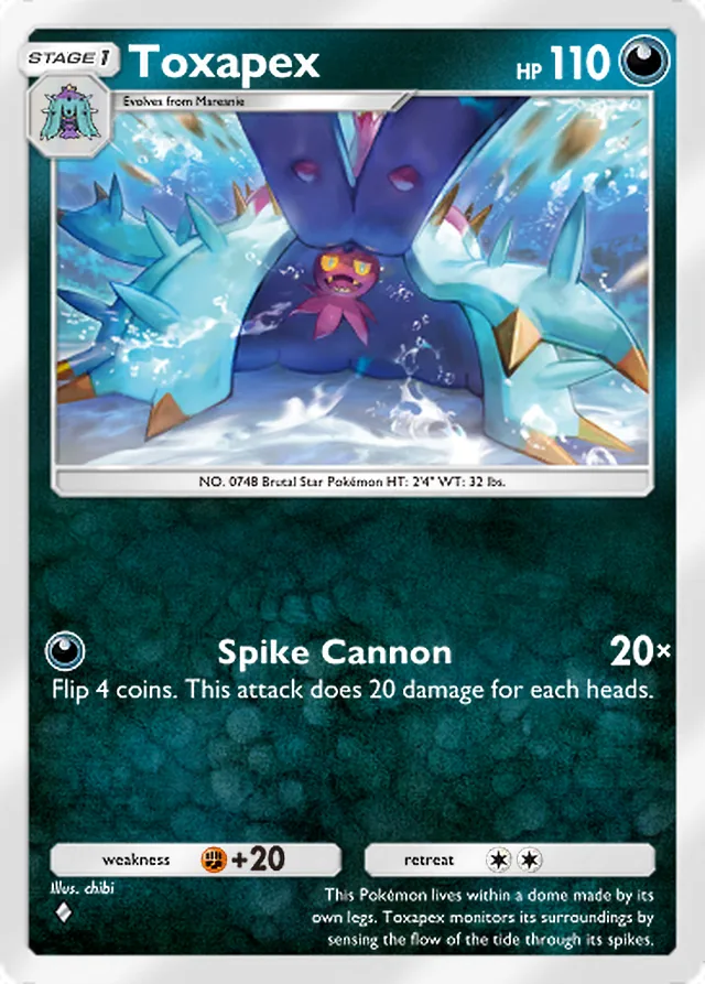Toxapex, Celestial Guardians #116, Stage 1 Darkness Pokémon, illustrated by chibi