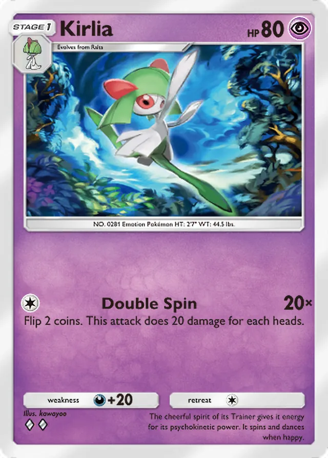Kirlia, Ruler of the Skies #072, Stage 1 Psychic Pokémon, illustrated by kawayoo