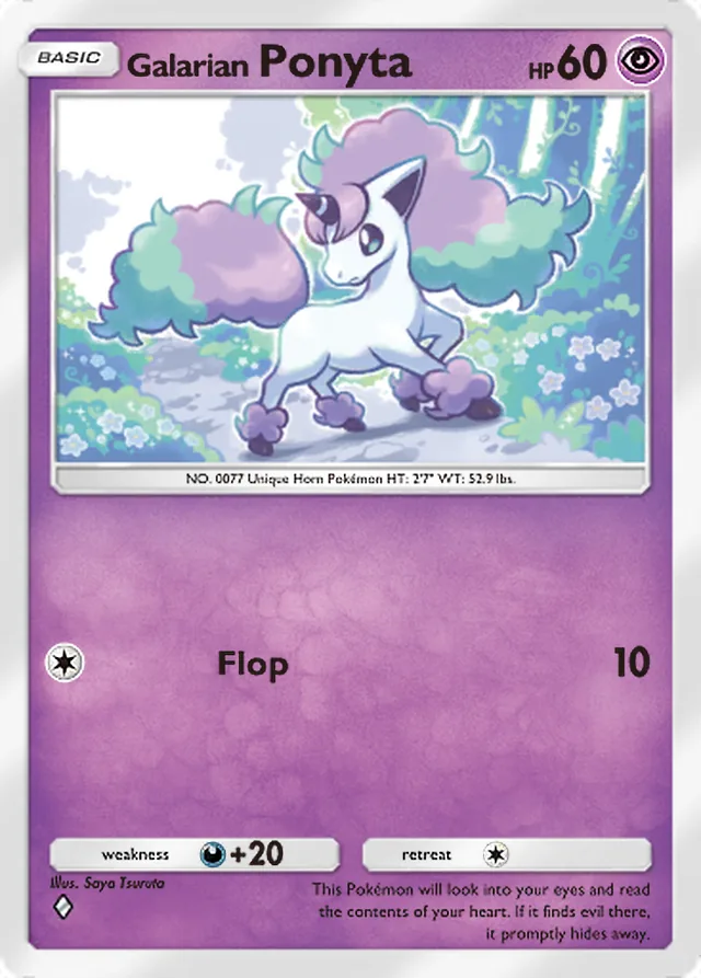 Galarian Ponyta, Fantastical Parade #058, Basic Psychic Pokémon, illustrated by Saya Tsuruta