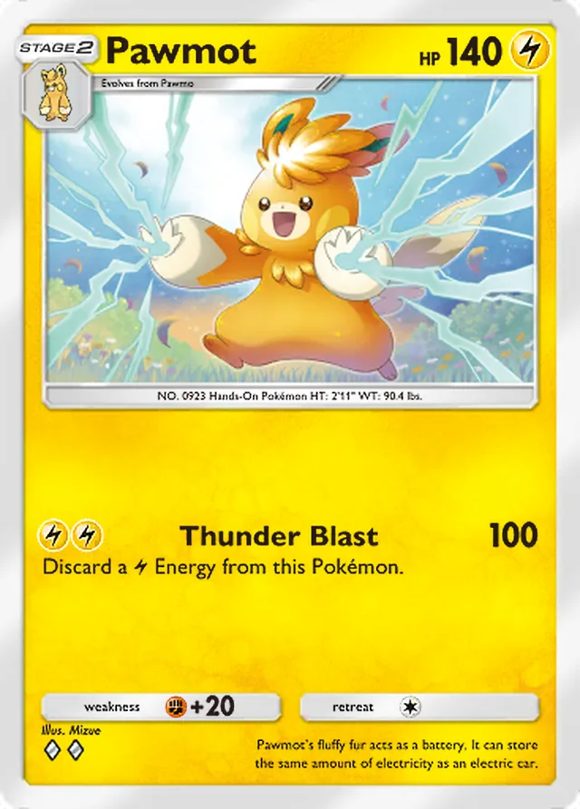 Pawmot, Paldean Wonders #040, Stage 2 Lightning Pokémon, illustrated by Mizue