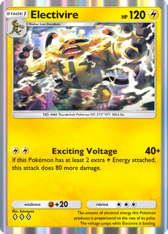 Electivire, Space-Time Smackdown #057, Stage 1 Lightning Pokémon, illustrated by kawayoo