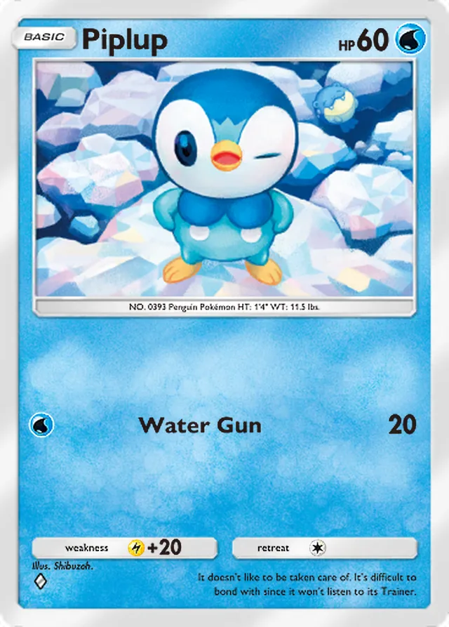Piplup, Mega Shine #018, Basic Water Pokémon, illustrated by Shibuzoh.