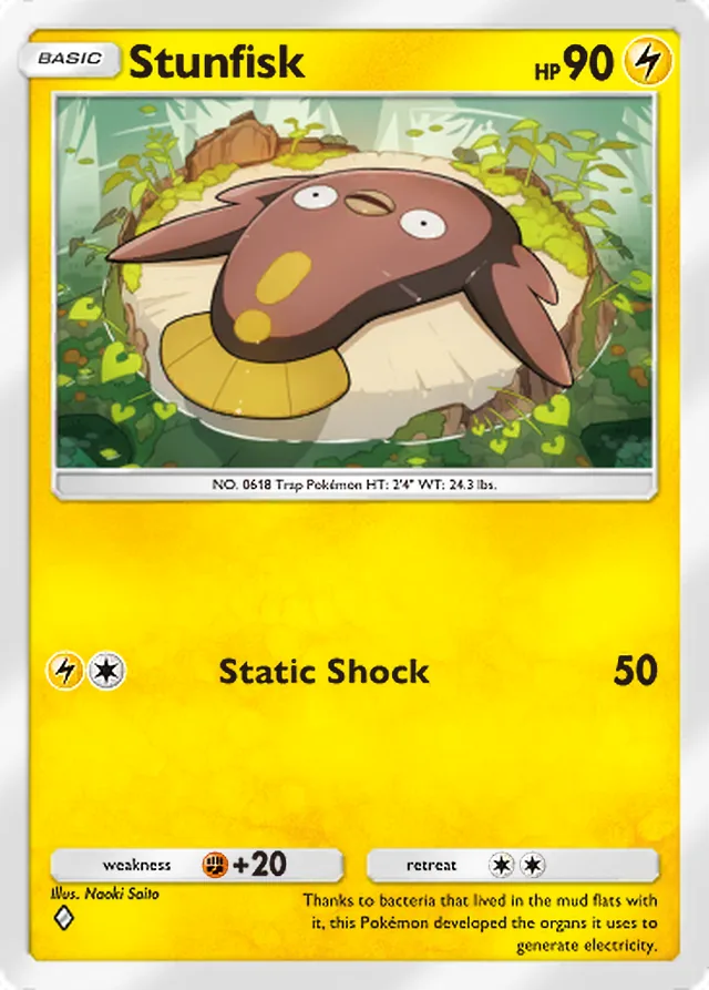 Stunfisk, Secluded Springs #029, Basic Lightning Pokémon, illustrated by Naoki Saito