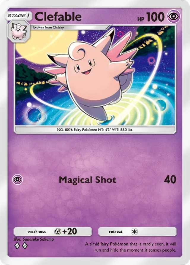 Clefable, Genetic Apex #114, Stage 1 Psychic Pokémon, illustrated by Sanosuke Sakuma