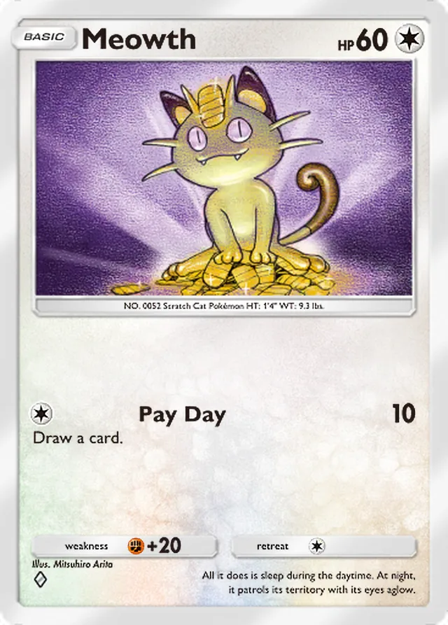 Meowth, Genetic Apex #196, Basic Colorless Pokémon, illustrated by Mitsuhiro Arita