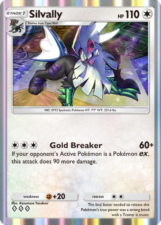Silvally, Ruler of the Skies #144, Stage 1 Colorless Pokémon, illustrated by Kazumasa Yasukuni