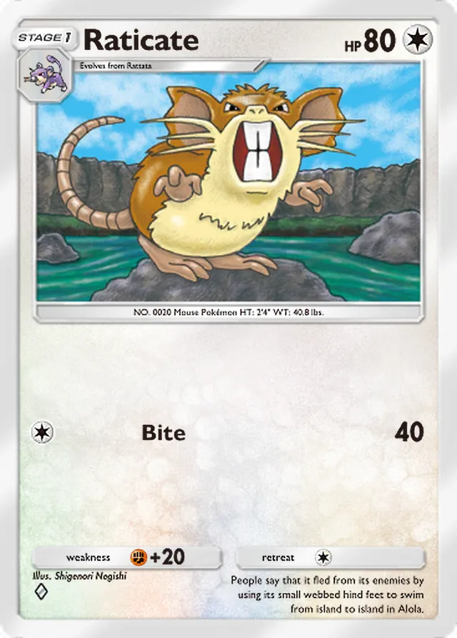 Raticate, Genetic Apex #190, Stage 1 Colorless Pokémon, illustrated by Shigenori Negishi