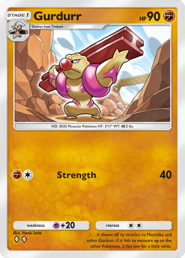 Gurdurr, Celestial Guardians #095, Stage 1 Fighting Pokémon, illustrated by Naoki Saito