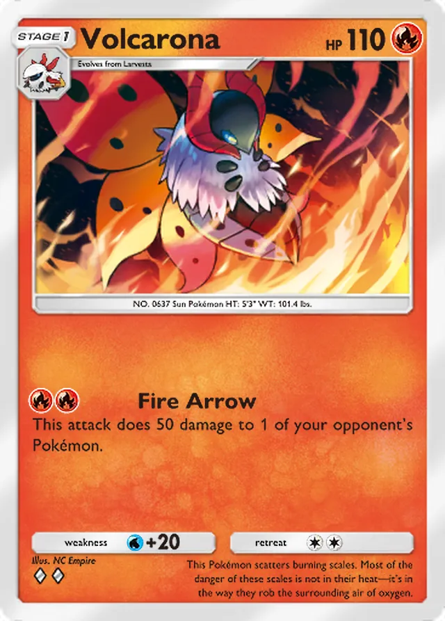 Volcarona, Pulsing Aura #032, Stage 1 Fire Pokémon, illustrated by NC Empire