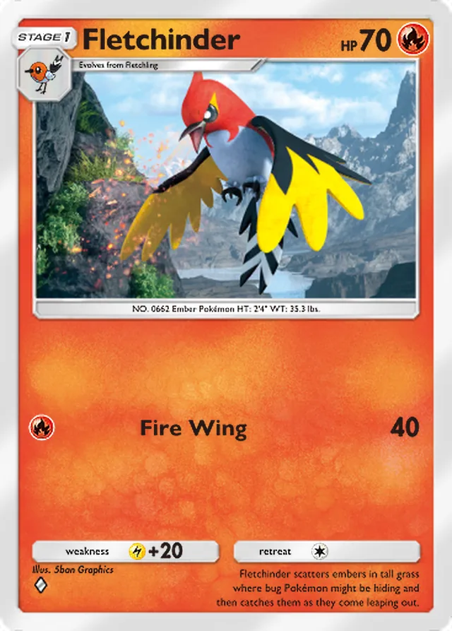 Fletchinder, Secluded Springs #011, Stage 1 Fire Pokémon, illustrated by 5ban Graphics