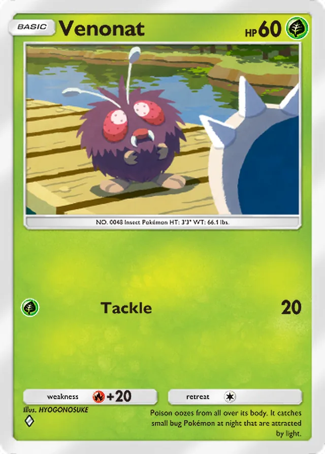 Venonat, Genetic Apex #016, Basic Grass Pokémon, illustrated by HYOGONOSUKE