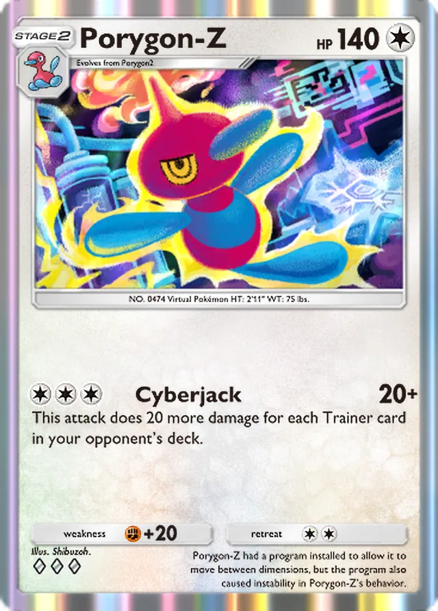 Porygon-Z, Crimson Blaze #058, Stage 2 Colorless Pokémon, illustrated by Shibuzoh.