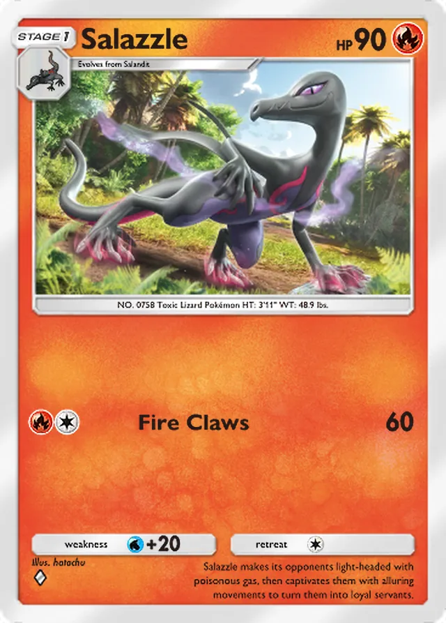 Salazzle, Genetic Apex #050, Stage 1 Fire Pokémon, illustrated by hatachu