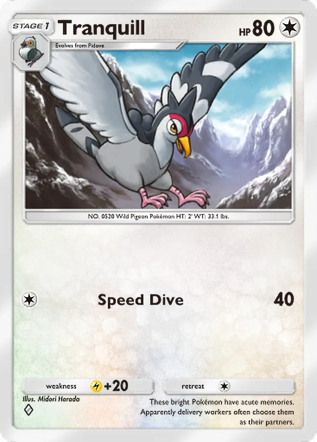 Tranquill, Ruler of the Skies #138, Stage 1 Colorless Pokémon, illustrated by Midori Harada