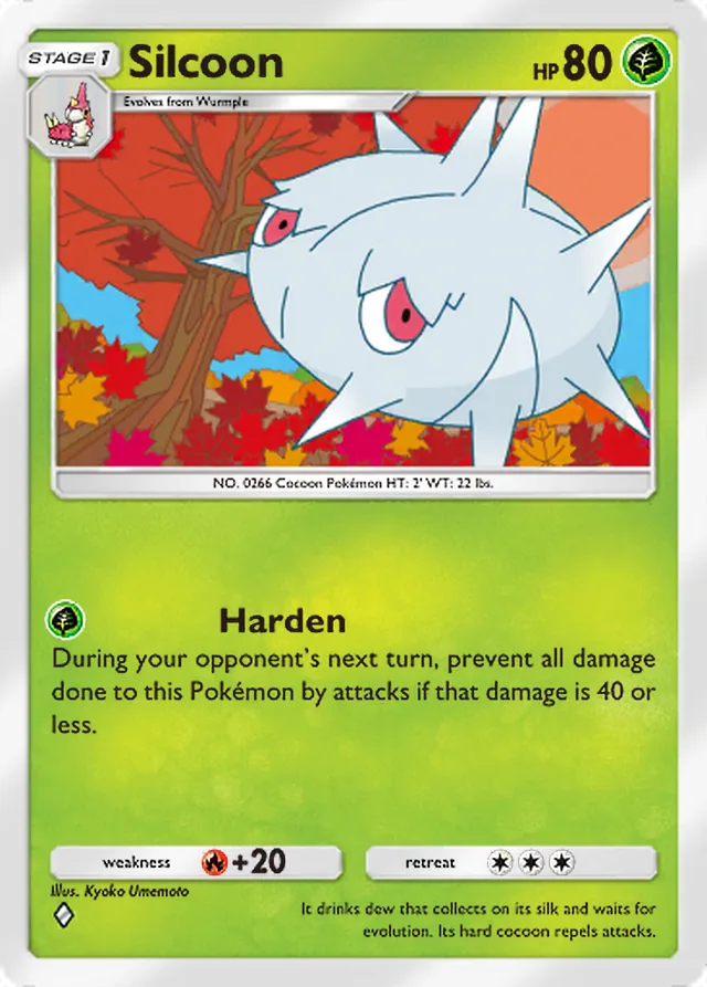 Silcoon, Mega Rising #004, Stage 1 Grass Pokémon, illustrated by Kyoko Umemoto