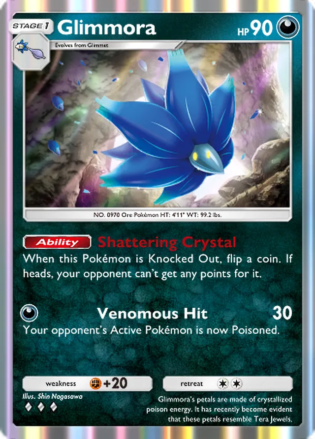 Glimmora, Paradox Drive #045, Stage 1 Darkness Pokémon, illustrated by Shin Nagasawa