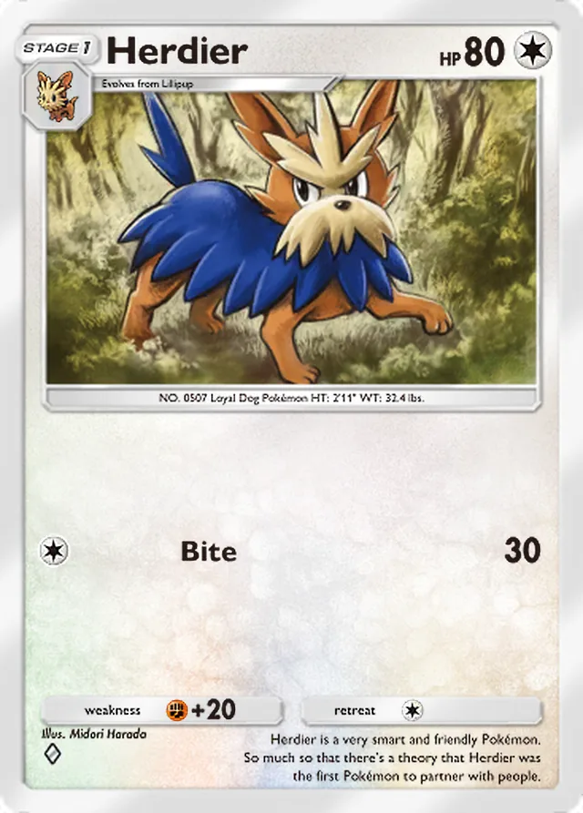 Herdier, Extradimensional Crisis #055, Stage 1 Colorless Pokémon, illustrated by Midori Harada