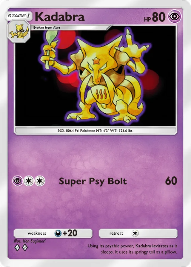 Kadabra, Genetic Apex #116, Stage 1 Psychic Pokémon, illustrated by Ken Sugimori