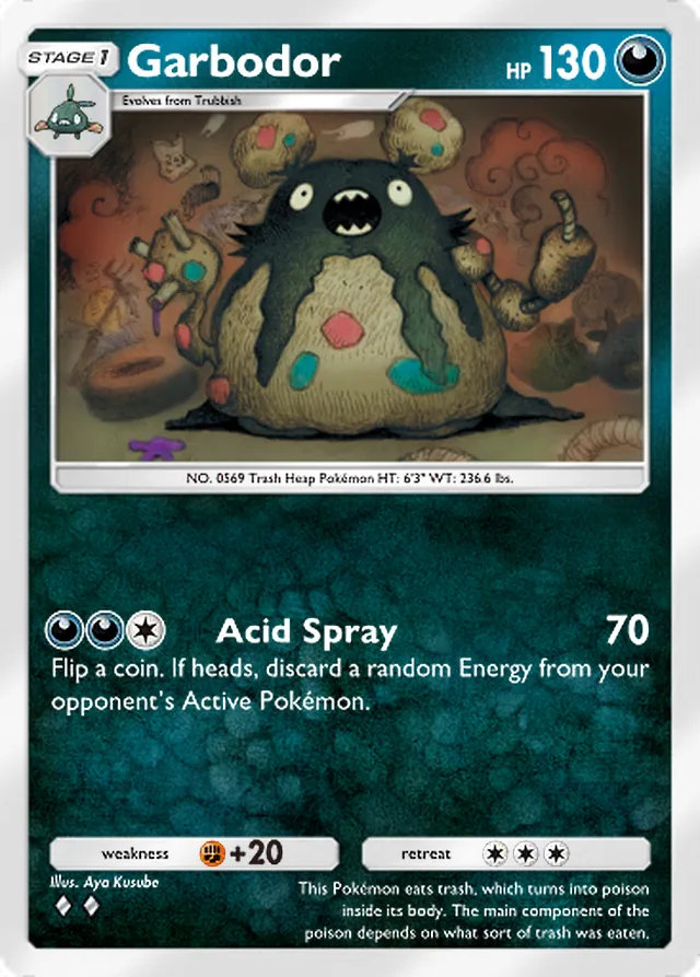 Garbodor, Crimson Blaze #050, Stage 1 Darkness Pokémon, illustrated by Aya Kusube