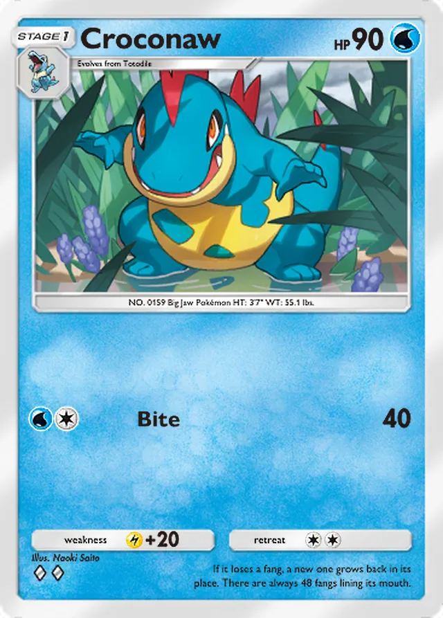 Croconaw, Wisdom of Sea and Sky #047, Stage 1 Water Pokémon, illustrated by Naoki Saito
