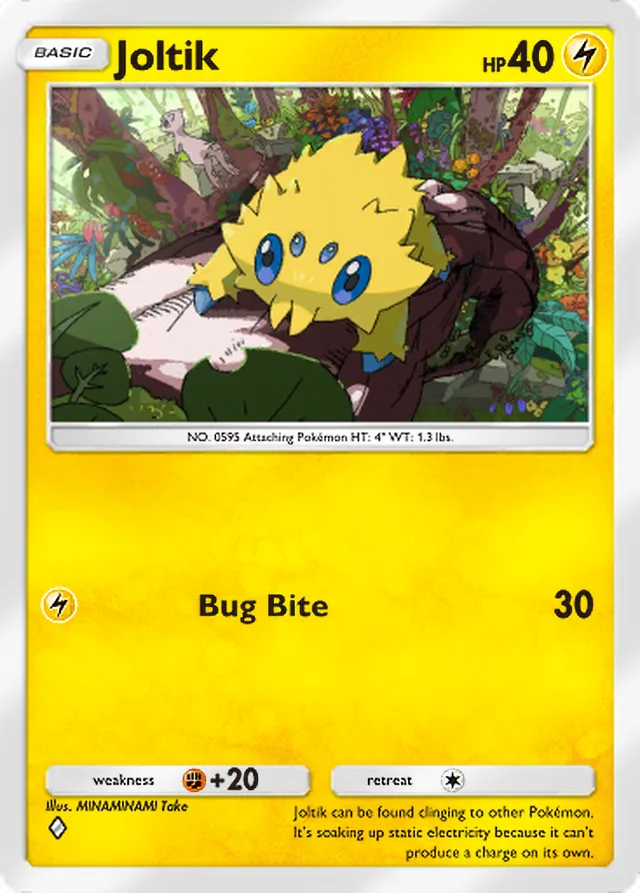 Joltik, Mythical Island #028, Basic Lightning Pokémon, illustrated by MINAMINAMI Take