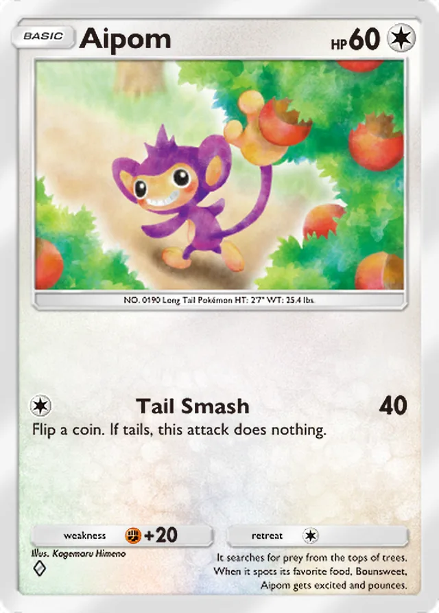 Aipom, Mega Rising #185, Basic Colorless Pokémon, illustrated by Kagemaru Himeno