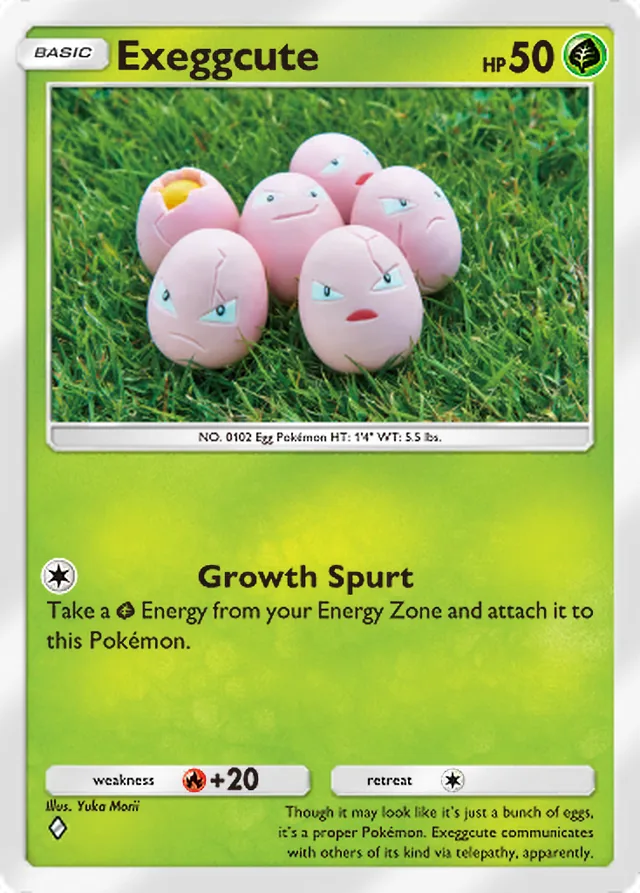 Exeggcute, Mythical Island #001, Basic Grass Pokémon, illustrated by Yuka Morii
