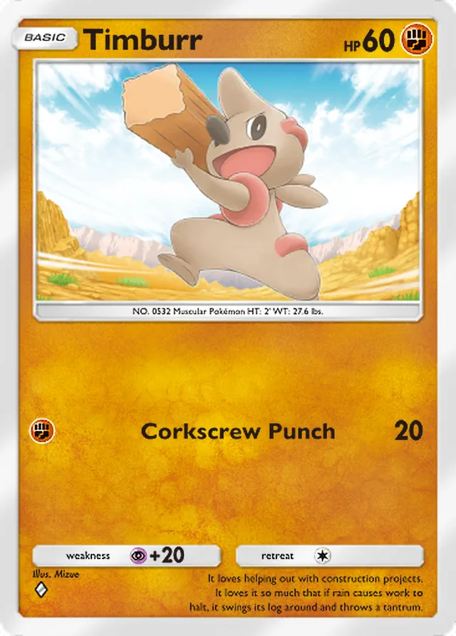 Timburr, Celestial Guardians #094, Basic Fighting Pokémon, illustrated by Mizue