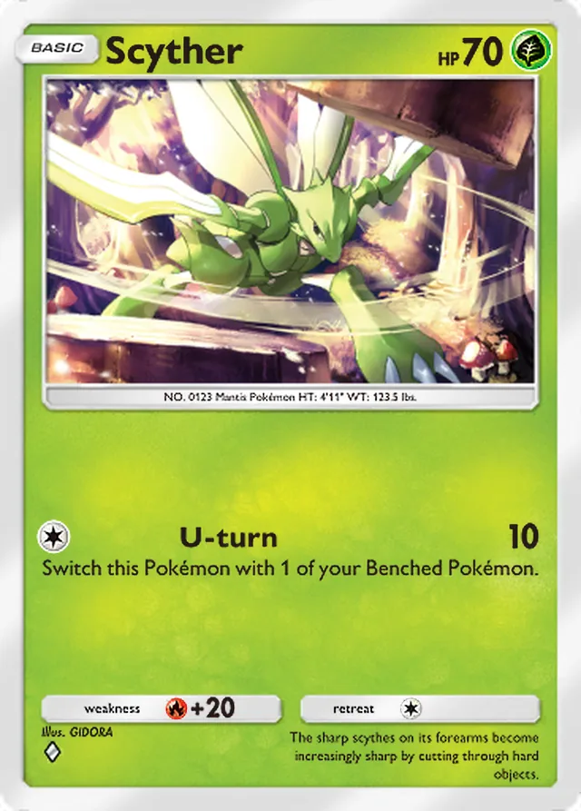 Scyther, Mega Shine #001, Basic Grass Pokémon, illustrated by GIDORA