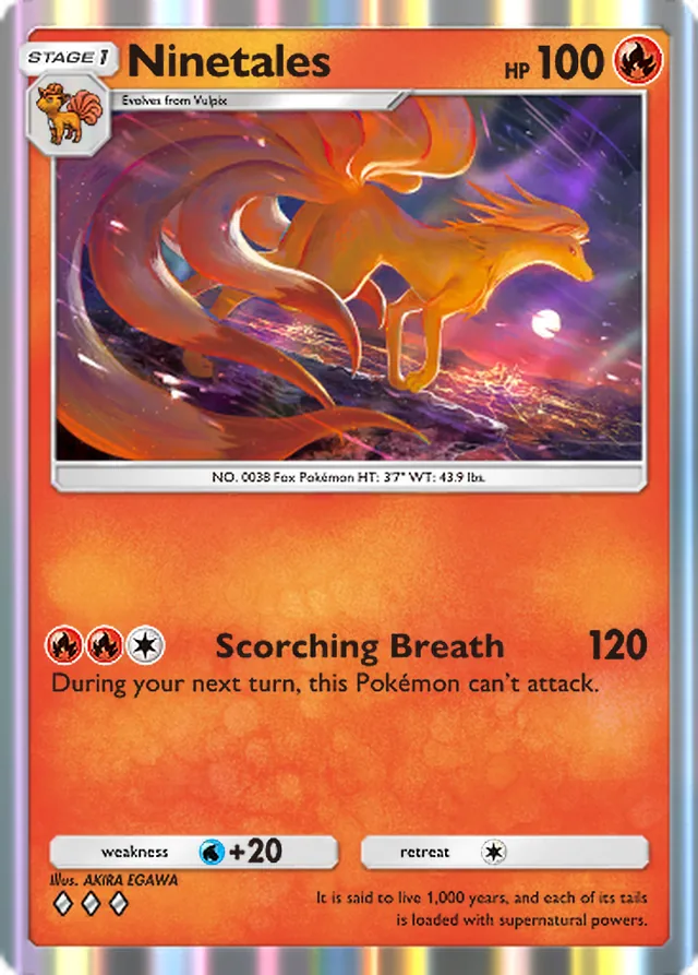 Ninetales, Wisdom of Sea and Sky #026, Stage 1 Fire Pokémon, illustrated by AKIRA EGAWA