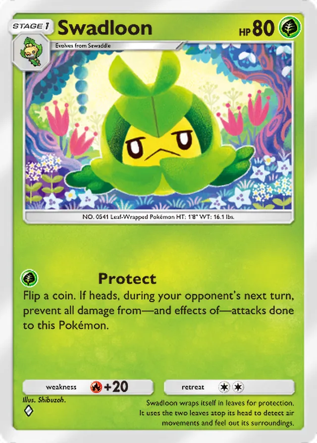 Swadloon, Pulsing Aura #016, Stage 1 Grass Pokémon, illustrated by Shibuzoh.