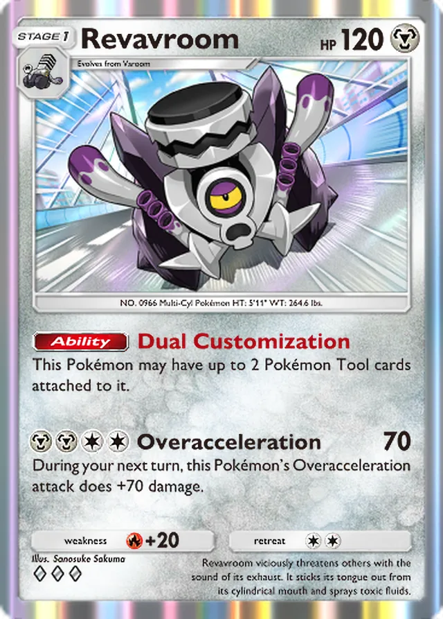 Revavroom, Ruler of the Skies #115, Stage 1 Metal Pokémon, illustrated by Sanosuke Sakuma