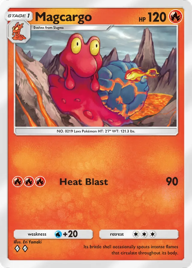 Magcargo, Secluded Springs #009, Stage 1 Fire Pokémon, illustrated by Eri Yamaki