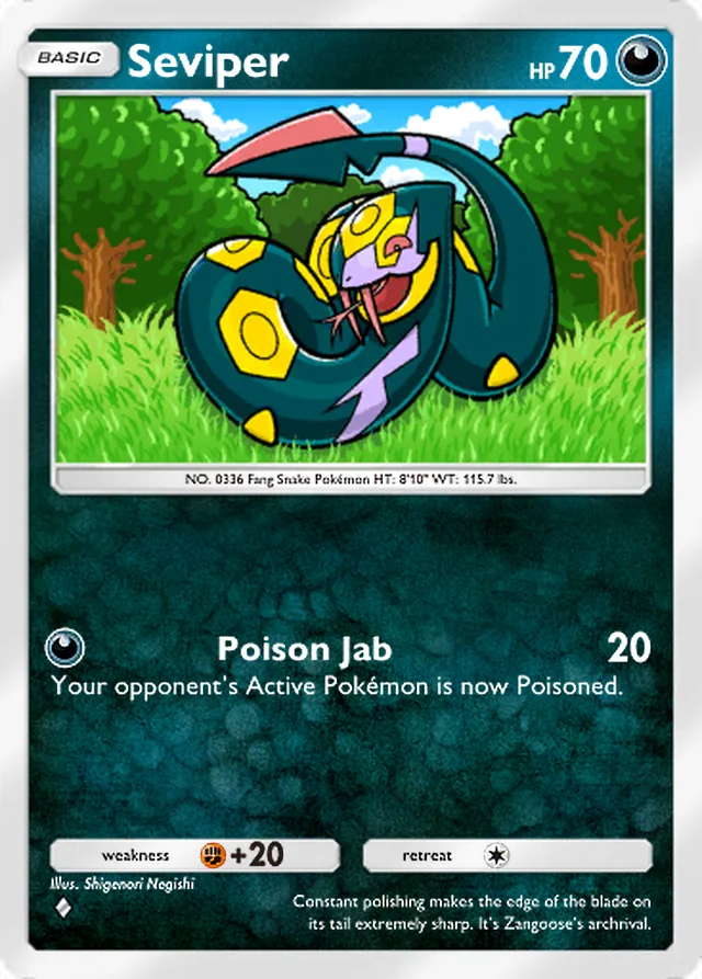 Seviper, Pulsing Aura #104, Basic Darkness Pokémon, illustrated by Shigenori Negishi
