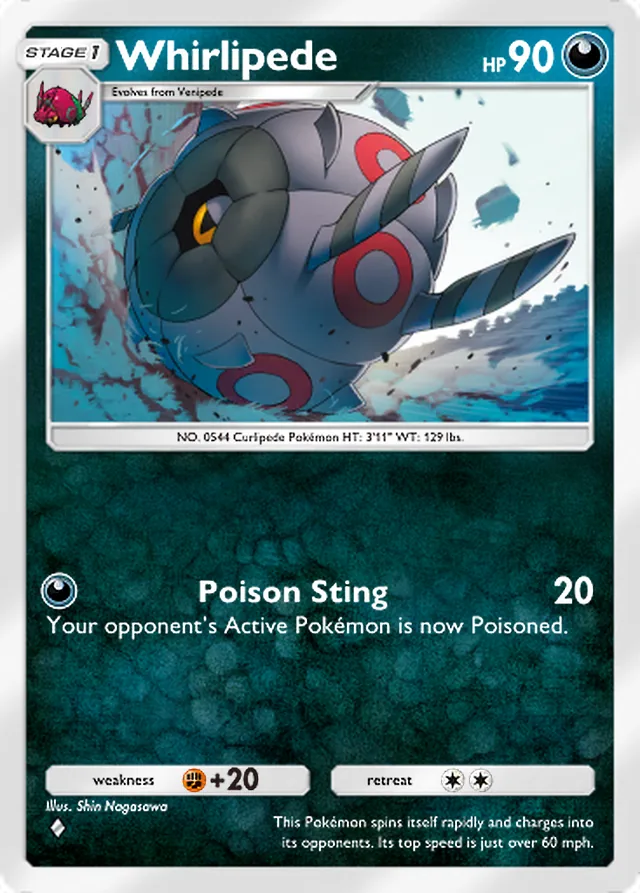 Whirlipede, Mythical Island #054, Stage 1 Darkness Pokémon, illustrated by Shin Nagasawa
