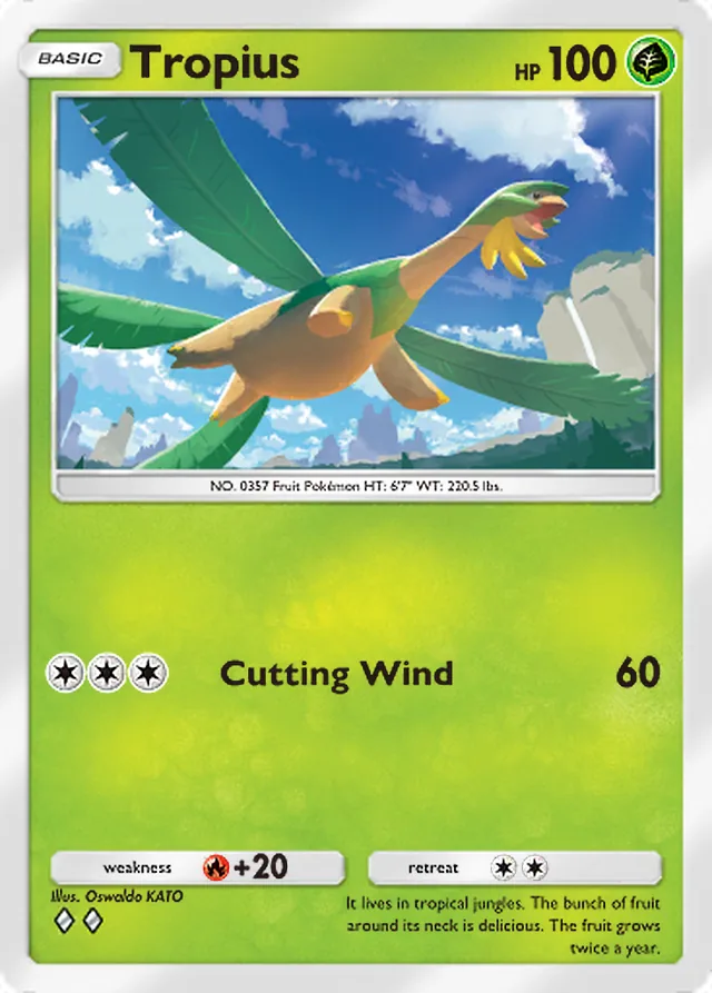 Tropius, Eevee Grove #001, Basic Grass Pokémon, illustrated by Oswaldo KATO