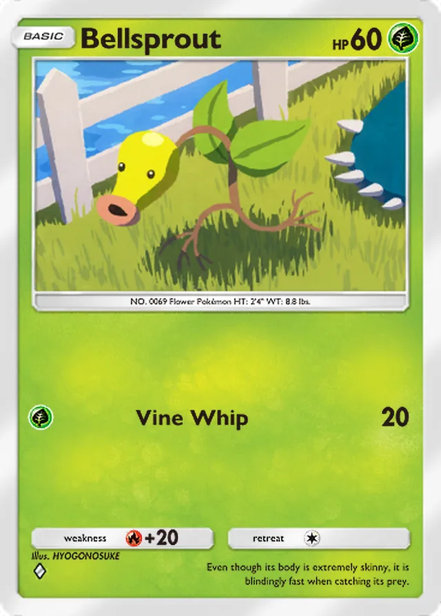 Bellsprout, Genetic Apex #018, Basic Grass Pokémon, illustrated by HYOGONOSUKE