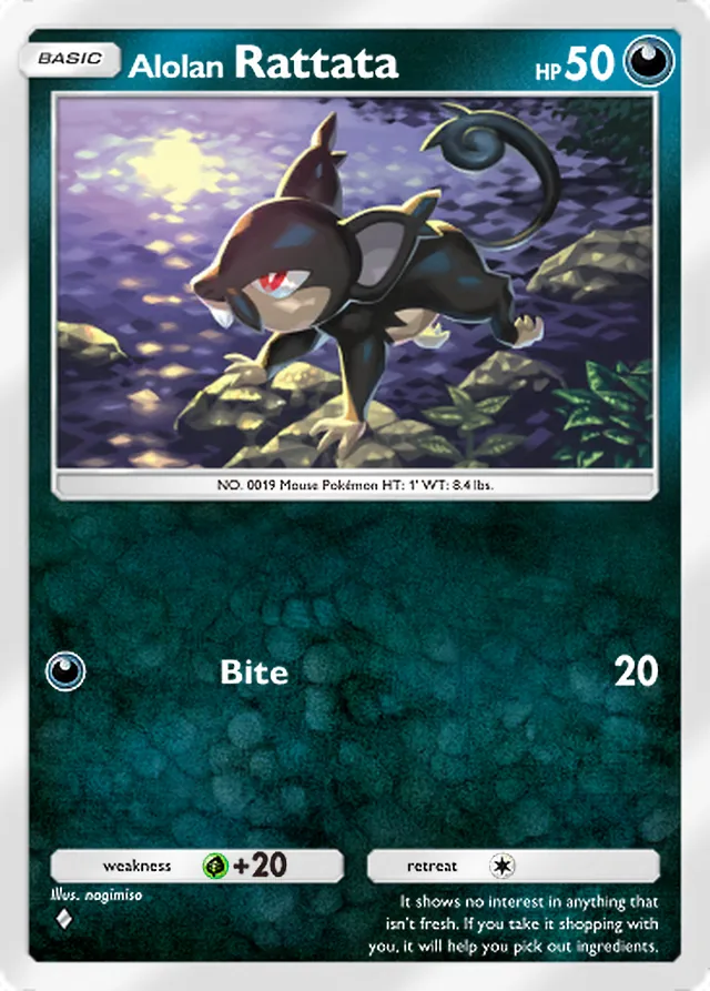 Alolan Rattata, Celestial Guardians #106, Basic Darkness Pokémon, illustrated by nagimiso