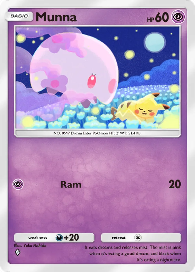 Munna, Everyday Wonders #028, Basic Psychic Pokémon, illustrated by Yoko Hishida
