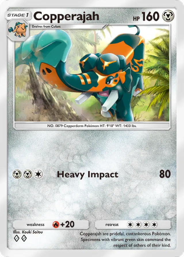 Copperajah, Team Rocket’s Ambition #047, Stage 1 Metal Pokémon, illustrated by Kouki Saitou