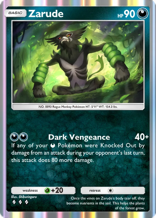 Zarude, Pulsing Aura #114, Basic Darkness Pokémon, illustrated by Shiburingaru