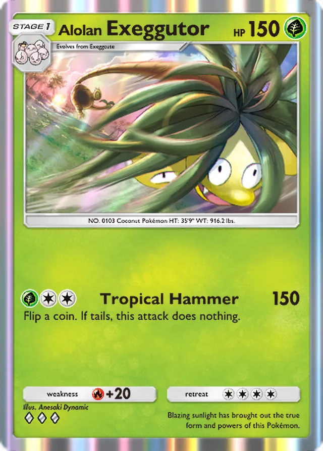 Alolan Exeggutor, Celestial Guardians #002, Stage 1 Grass Pokémon, illustrated by Anesaki Dynamic