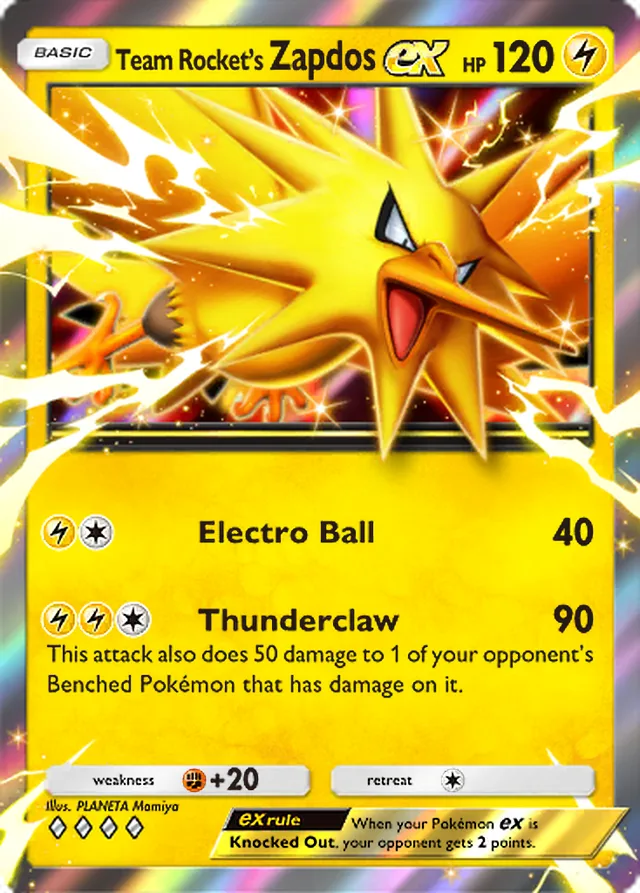Team Rocket’s Zapdos ex, Team Rocket’s Ambition #021, Basic Lightning Pokémon, illustrated by PLANETA Mamiya