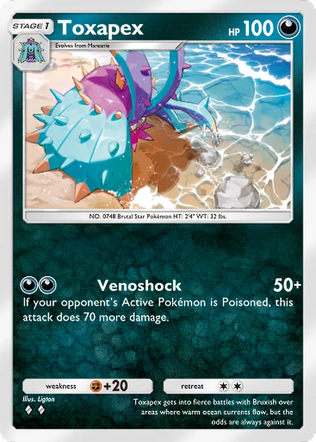 Toxapex, Mega Rising #162, Stage 1 Darkness Pokémon, illustrated by Ligton