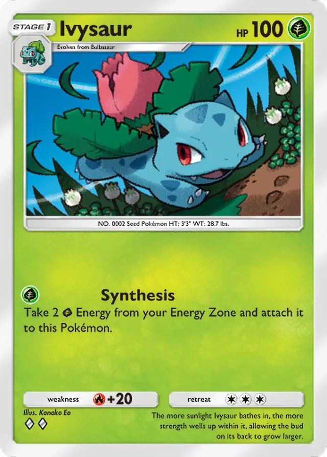 Ivysaur, Crimson Blaze #002, Stage 1 Grass Pokémon, illustrated by Kanako Eo