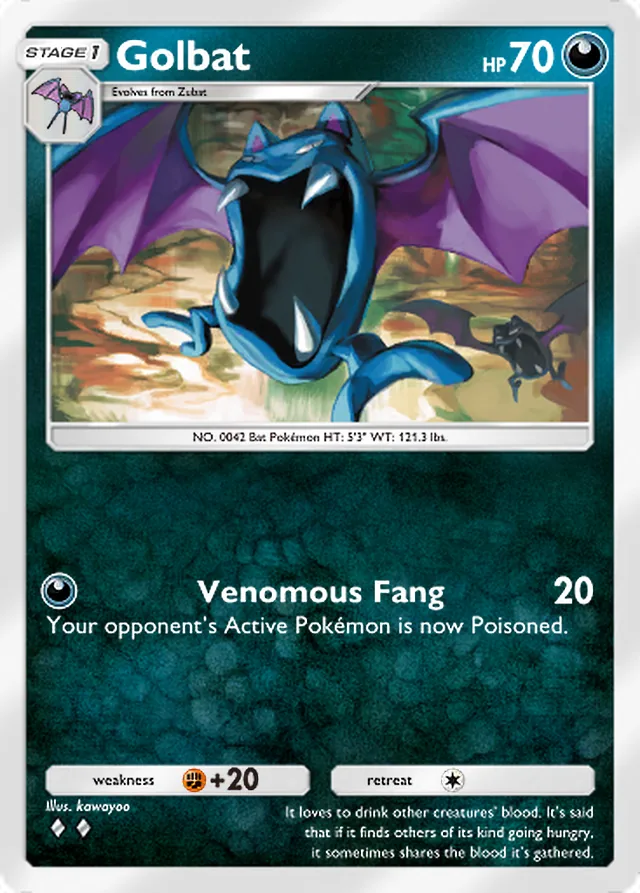 Golbat, Wisdom of Sea and Sky #108, Stage 1 Darkness Pokémon, illustrated by kawayoo