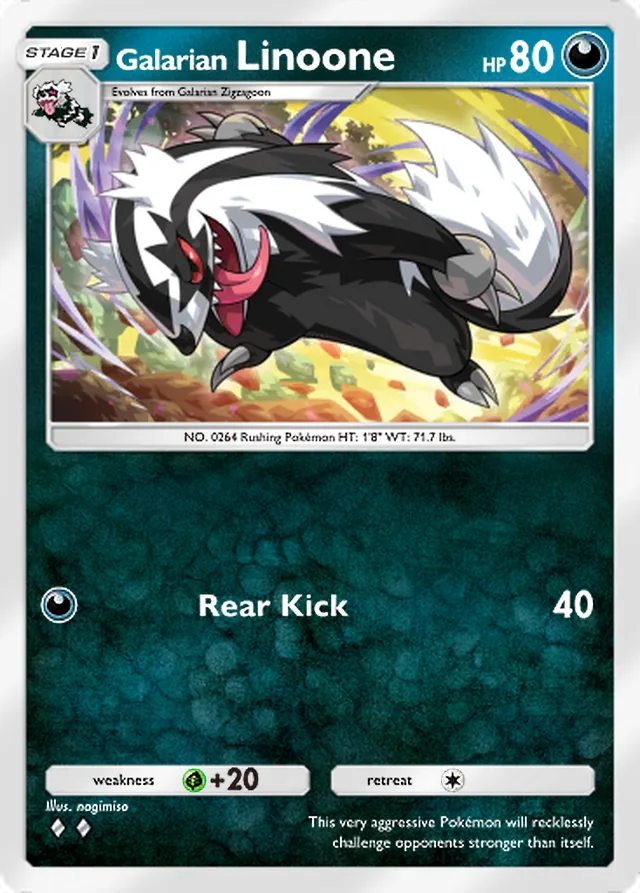 Galarian Linoone, Fantastical Parade #099, Stage 1 Darkness Pokémon, illustrated by nagimiso