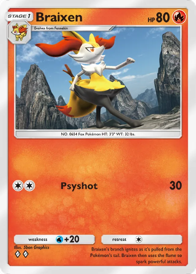 Braixen, Team Rocket’s Ambition #011, Stage 1 Fire Pokémon, illustrated by 5ban Graphics